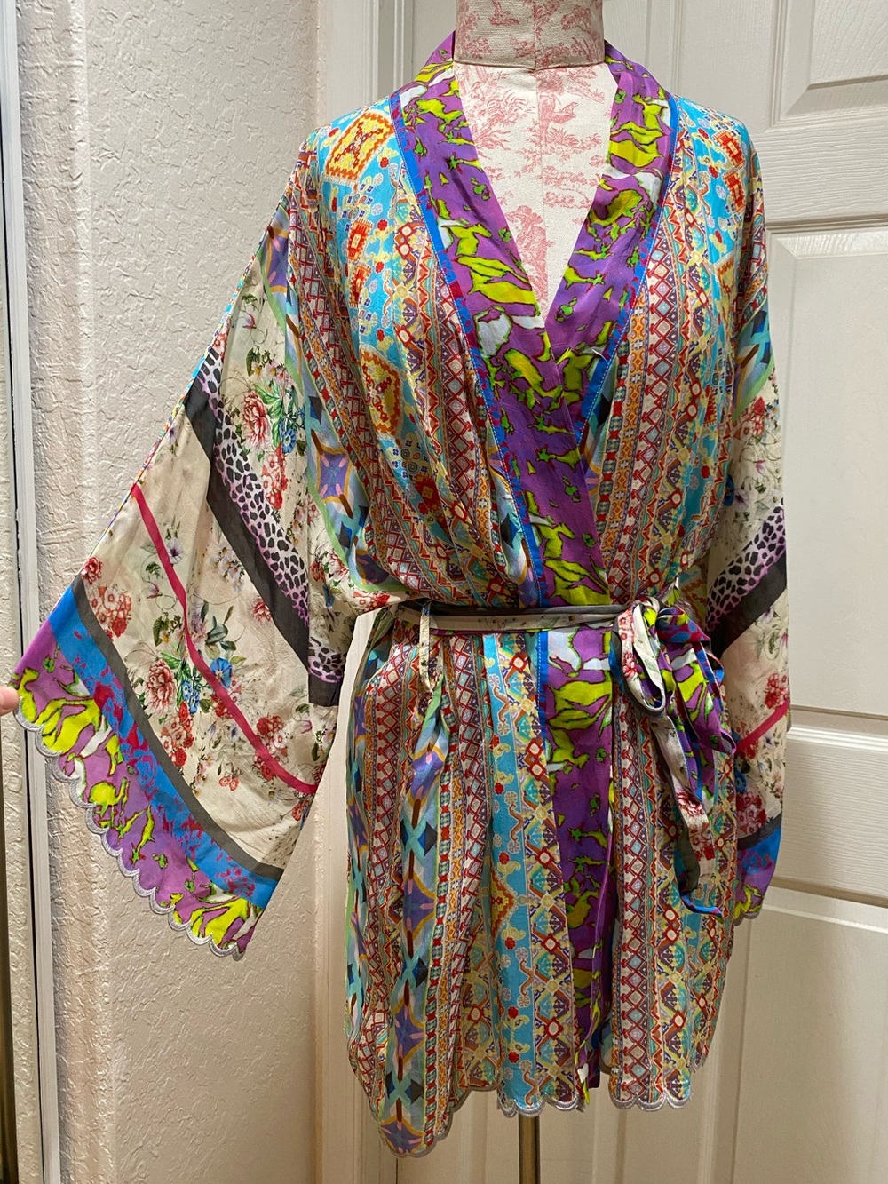 Johnny Was Kimono Tie Top Women’s S Geometric Boho Floral Beach Lightweight
